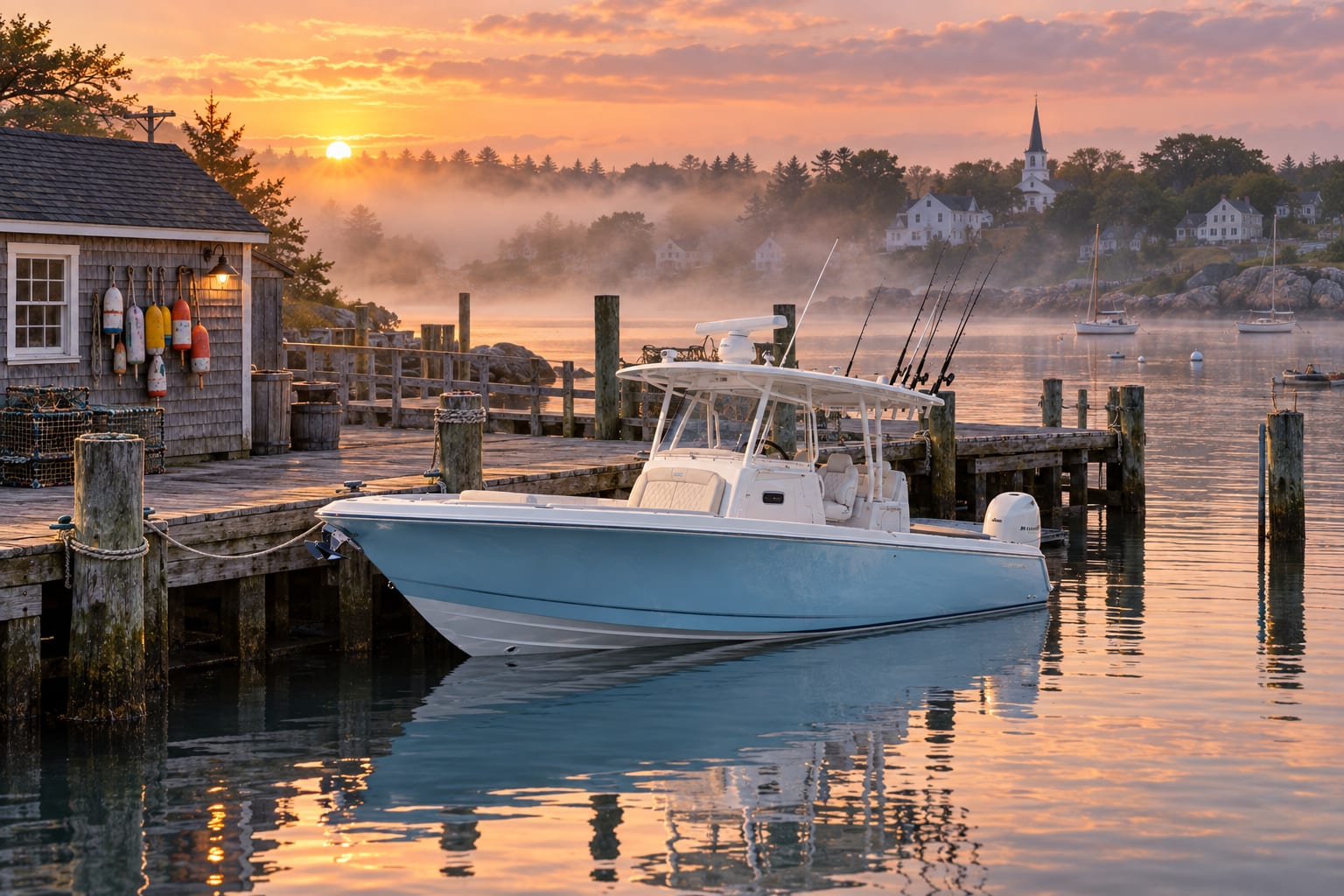 The Gray Gull at the town dock at sunrise