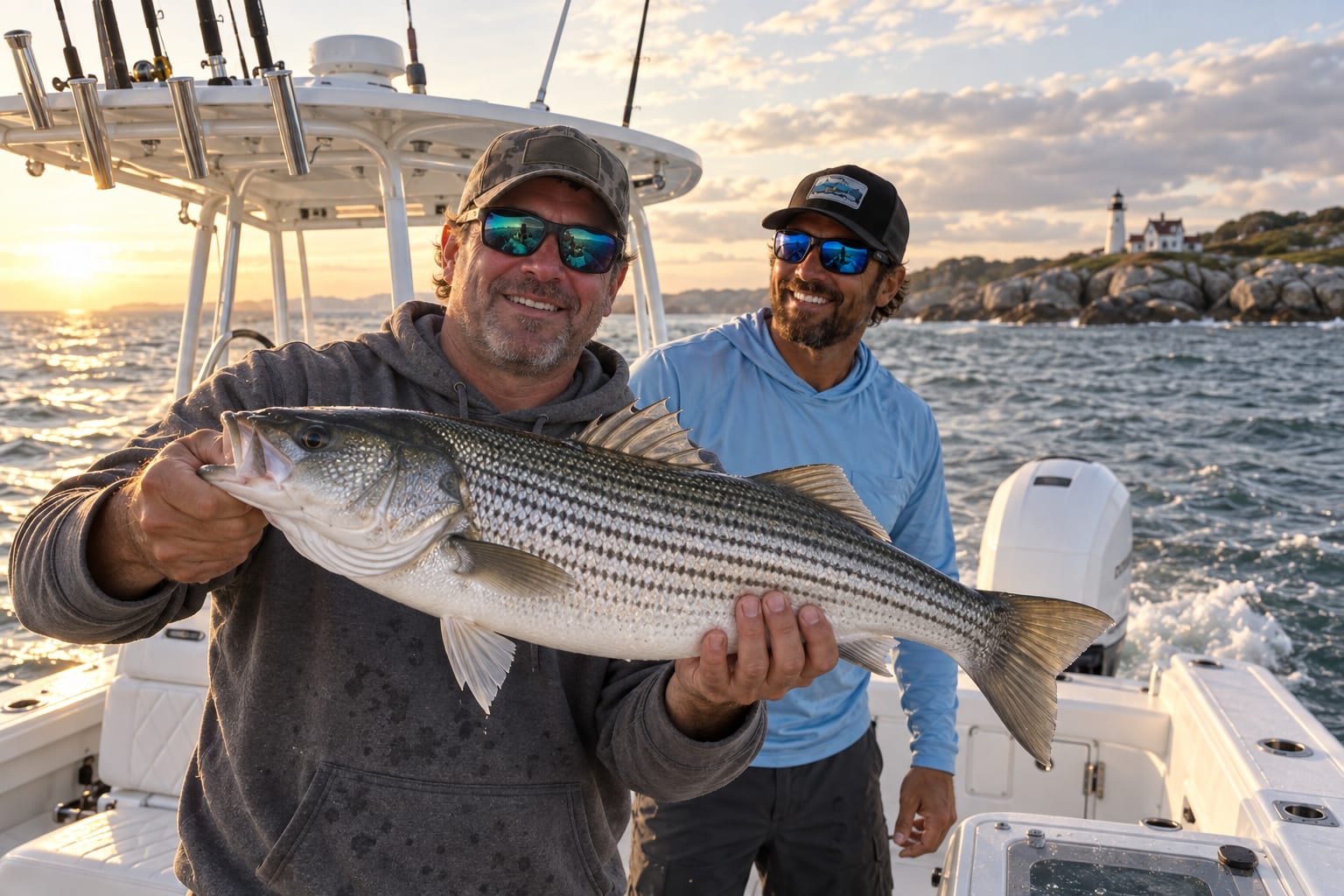 Angler holding a striped bass at sunrise with the captain
