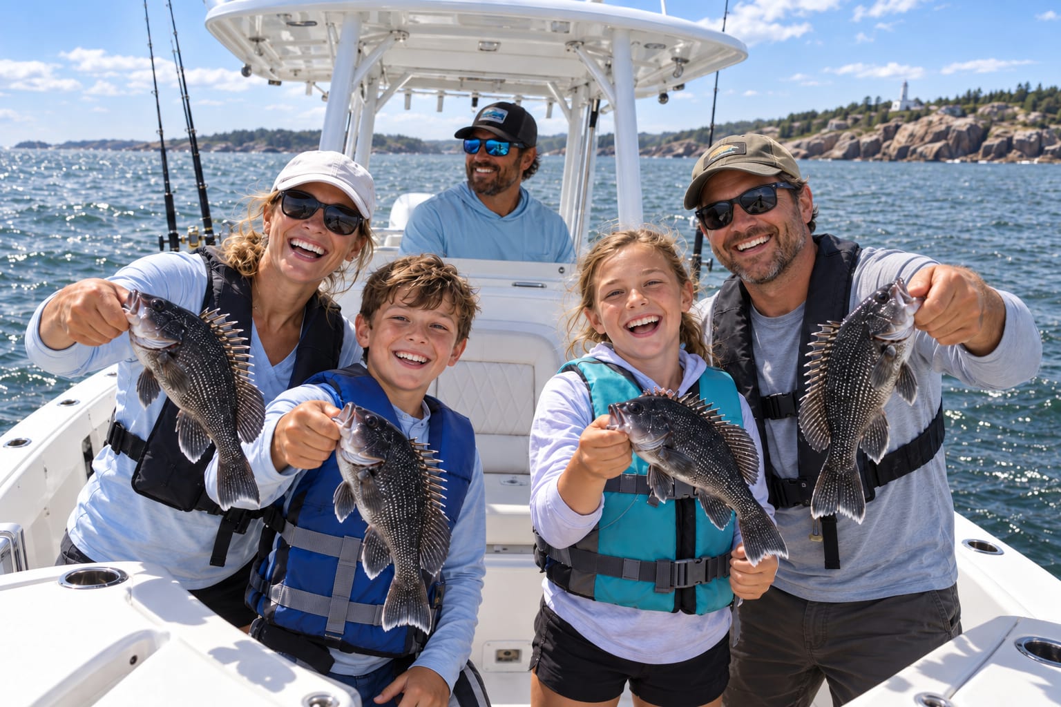 Family of four holding black sea bass on deck