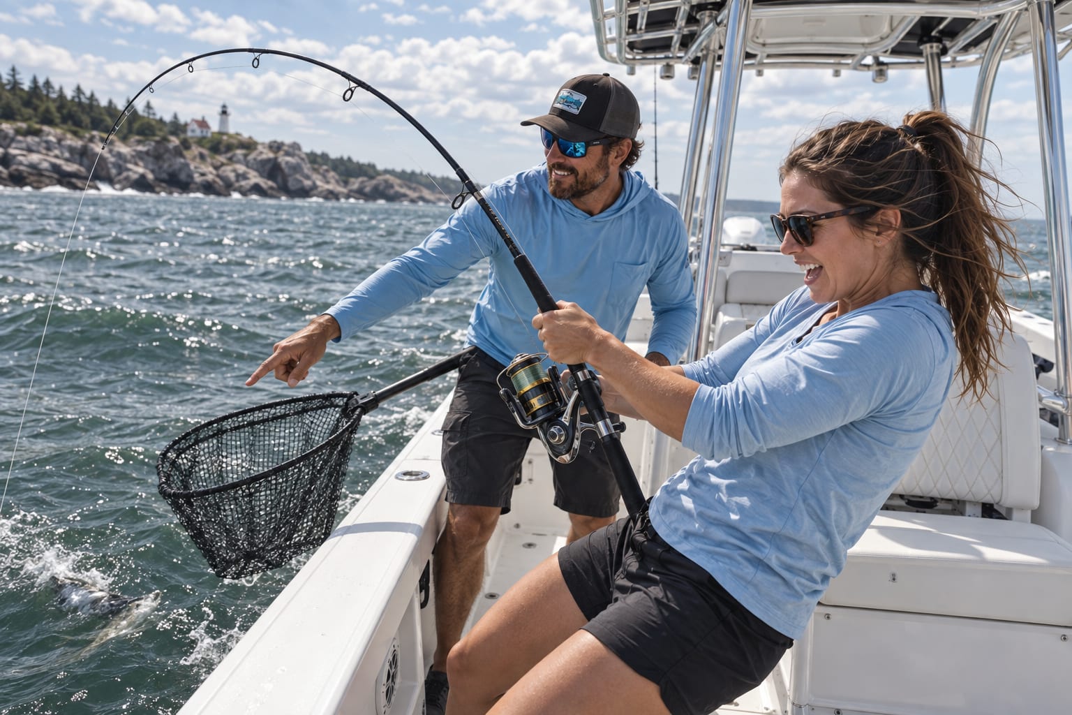 Angler fighting a fish while the captain readies the net