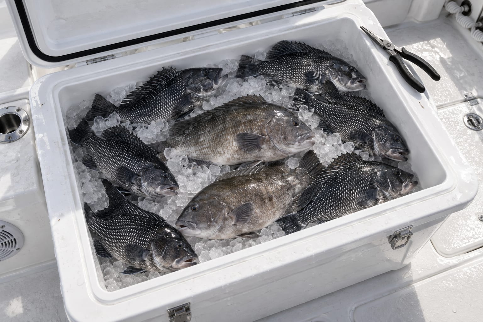 Cooler of black sea bass and tautog on ice