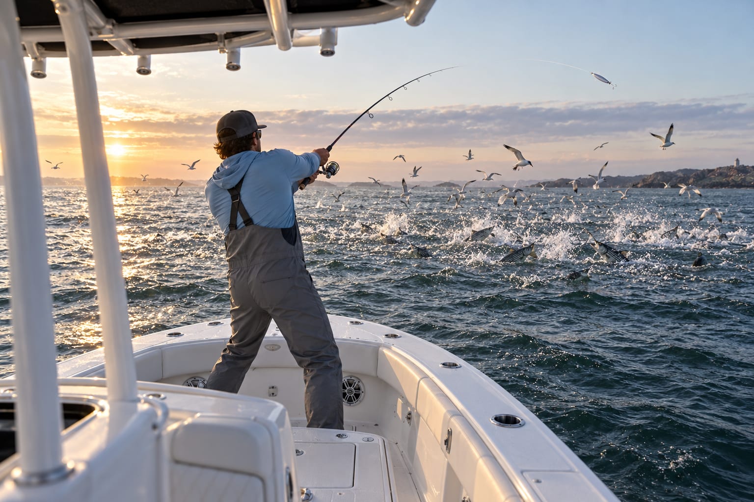 Birds diving on a striped bass blitz at sunrise