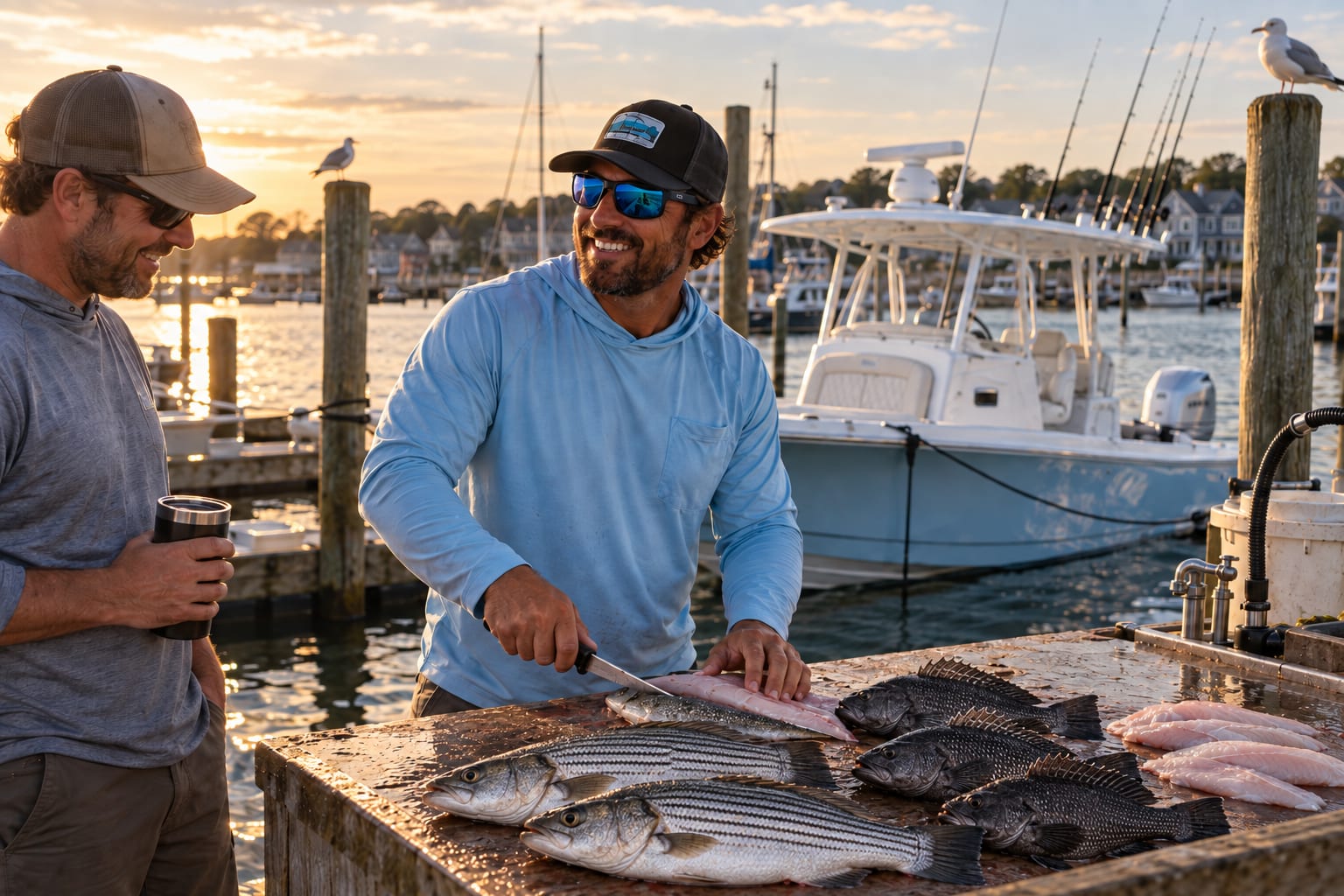 The captain filleting striped bass and sea bass at the dock